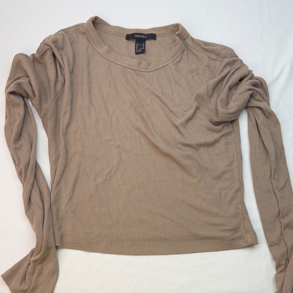 Forever 21 Beige Ribbed Long Sleeve Tee